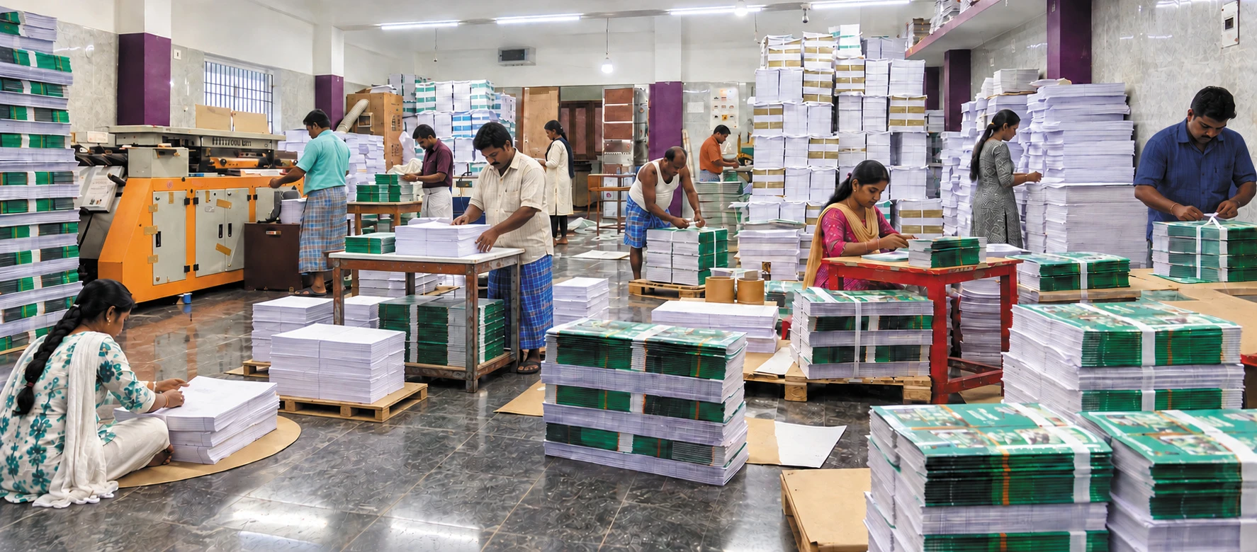 Experienced team binding, gathering and finishing notebooks